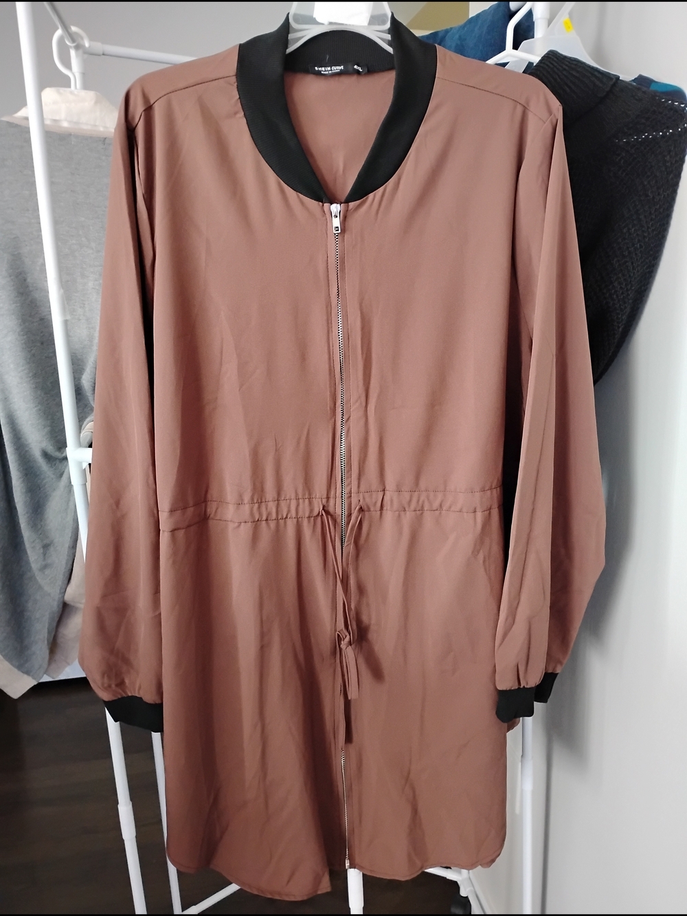 SHEIN Women Brown Jacket Dress Black Trim Full Front Drawstring Waist Long Sleev